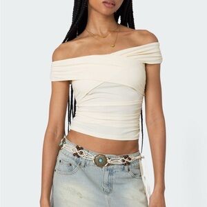 Edikted Cream Off-Shoulder Wrap Top
